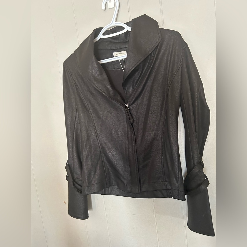 Max Studio Black Faux Leather Zip Front Jacket XS